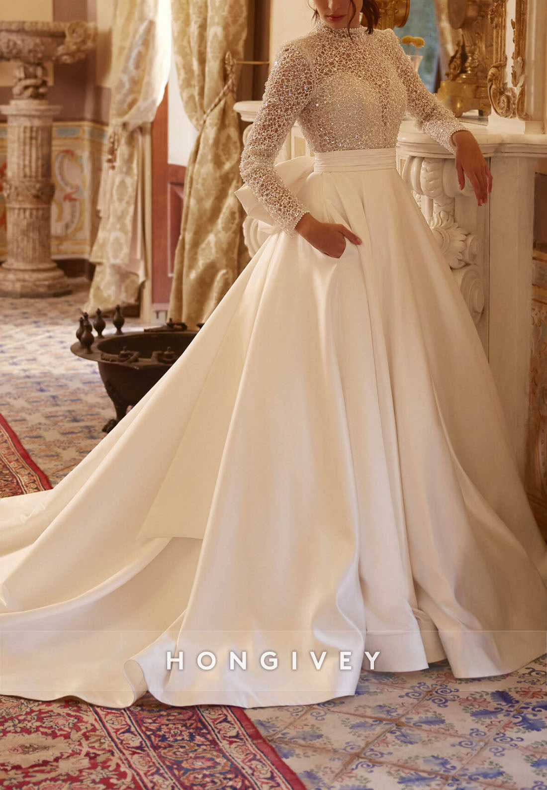 Illusion Neck Long Sleeve Pleated High Neck Chapel Train Ball Gown Bowknot Back Hole Wedding Dresses
