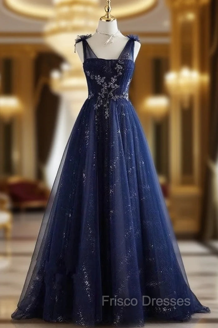 A-Line Princess Navy Blue Tulle Beaded V-neckline Party Dress Shiny Tulle Formal Prom Dress