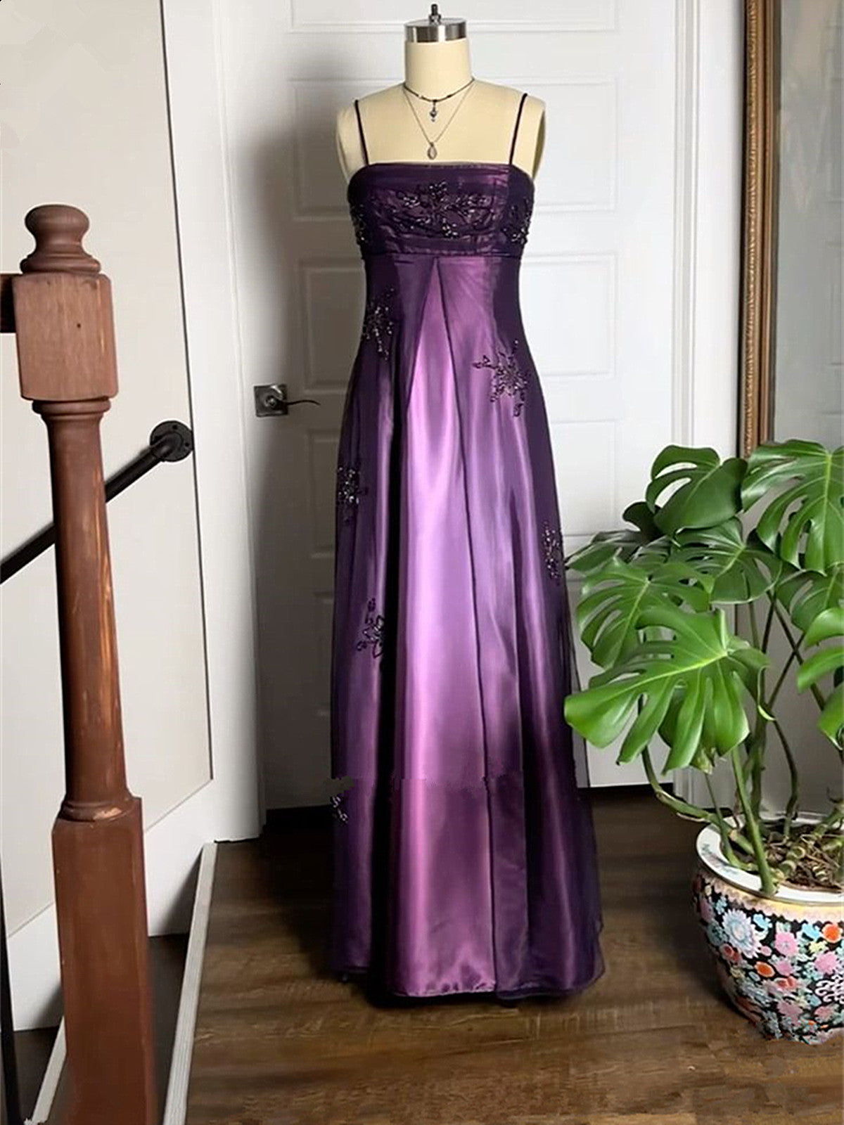 A-Line Purple Satin And Tulle Straps Long Party Dress, Purple Floor Length Prom Dress