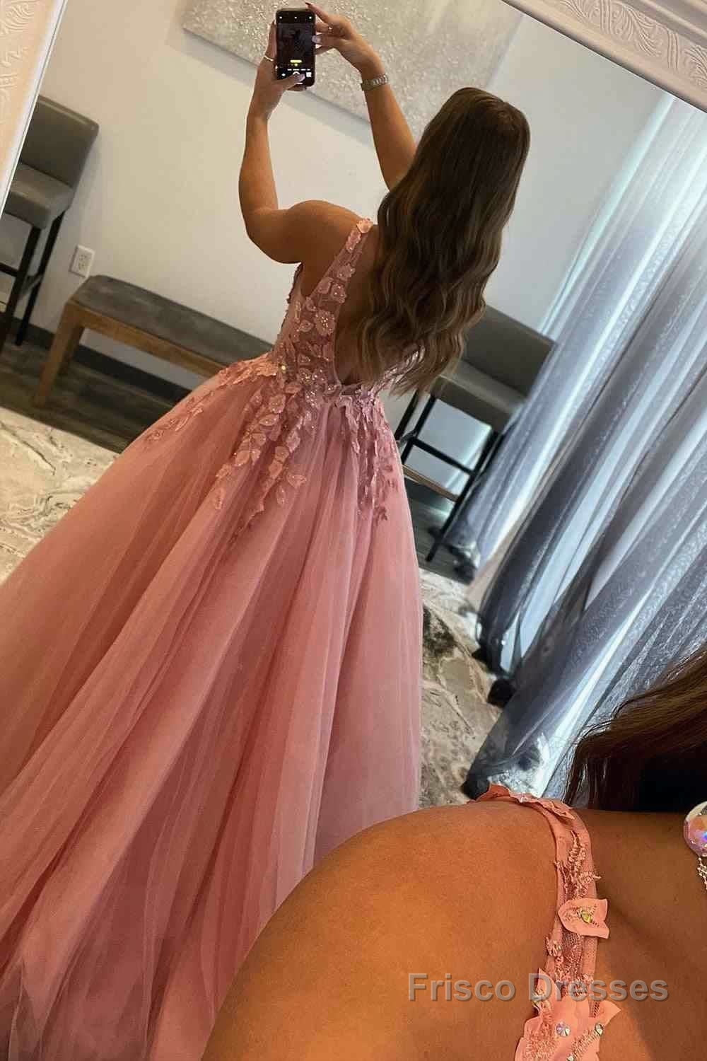 A-Line V-Neck Long Tulle Prom Dress with Appliques