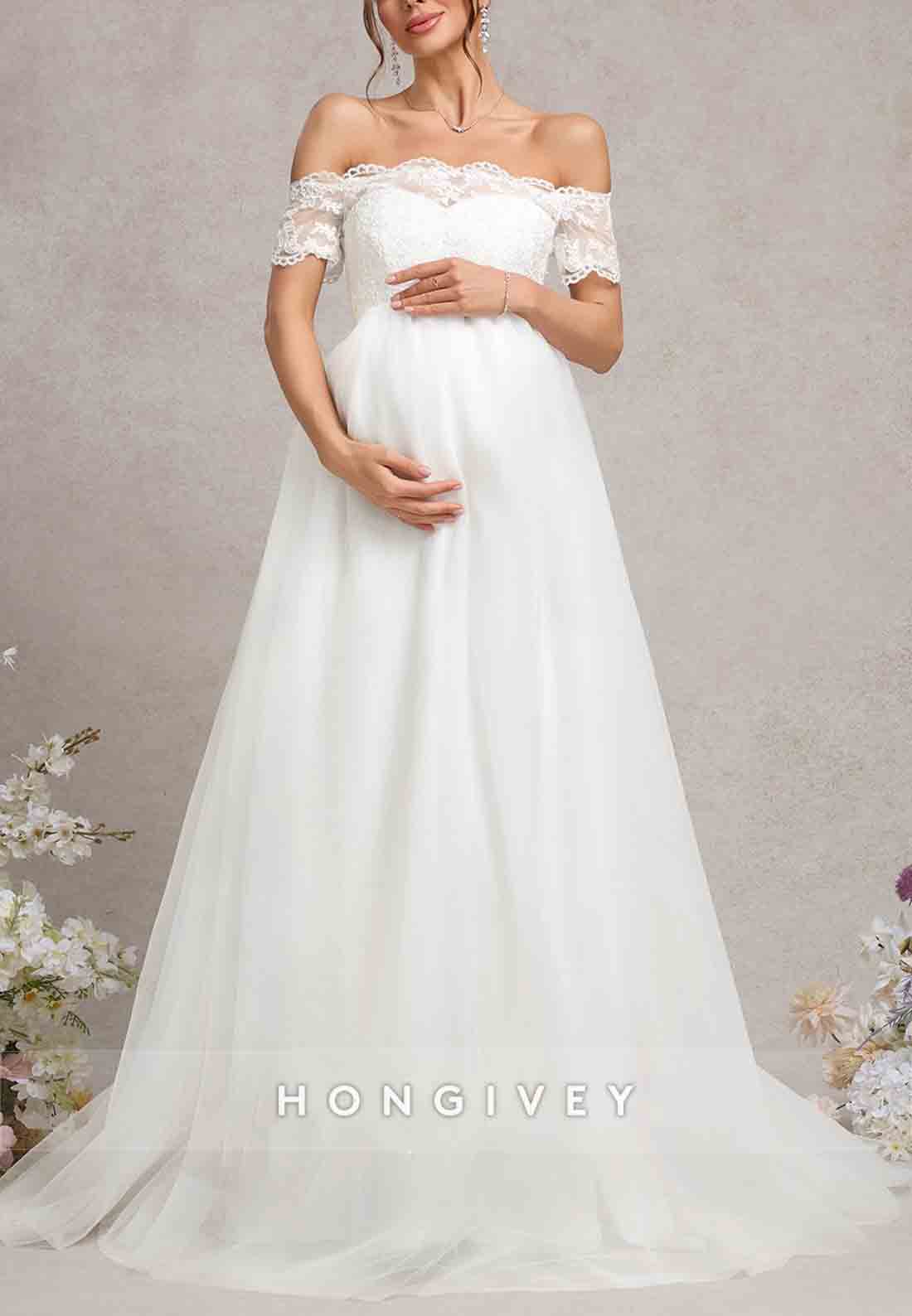 Off the Shoulder Floor-Length A-Line Empire Tulle Wedding Dresses with Lace Corset