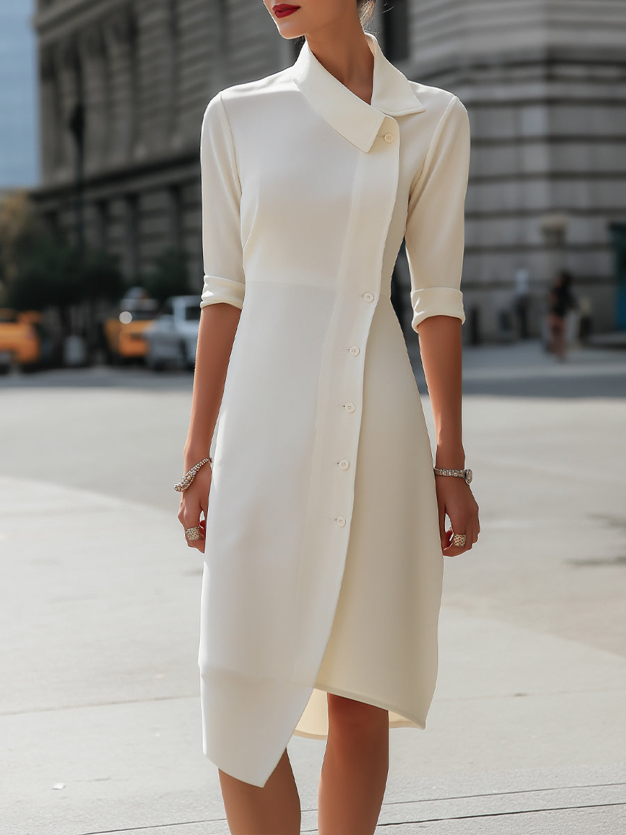 Asymmetric Button-Front Midi Shirt Dress In Cream Ivory