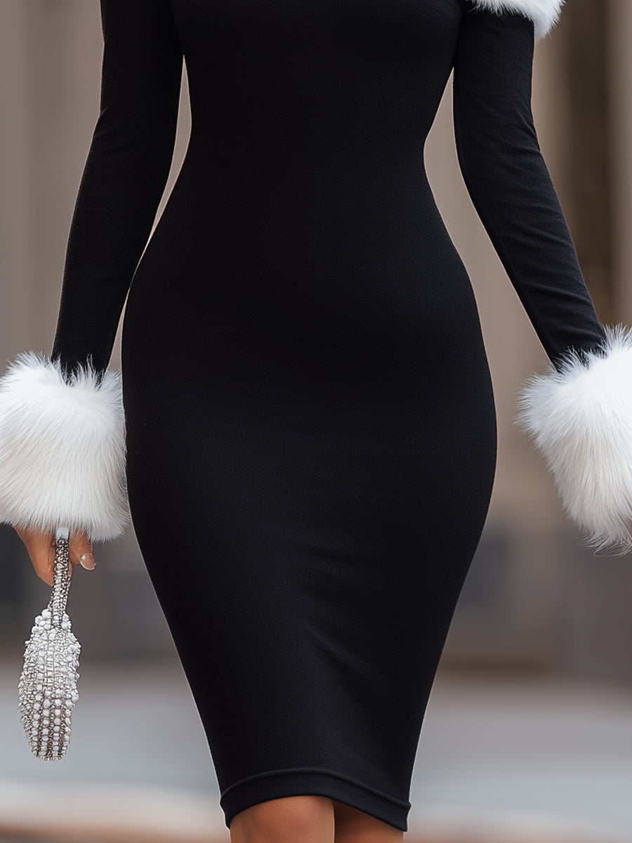 Chic Off-Shoulder Bodycon Dress With Faux Fur Trim