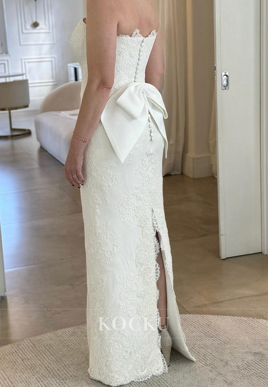 Sweetheart Lace Mermaid Wedding Dress with Bow Back and Slit Detail
