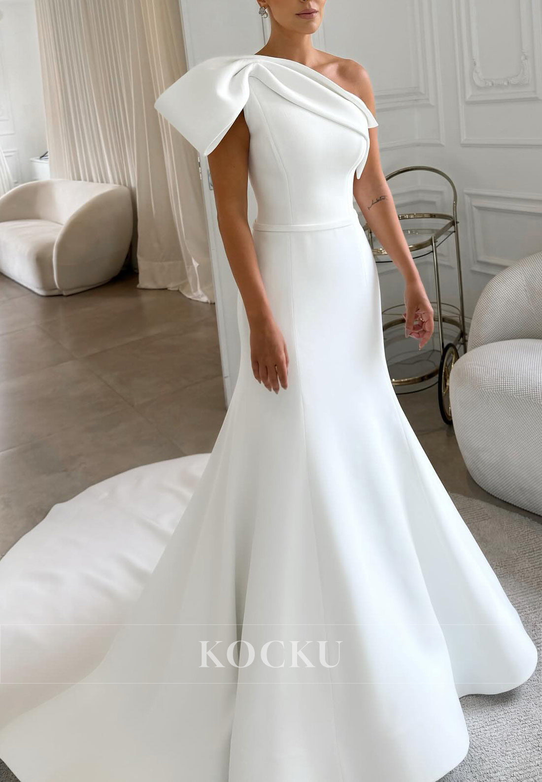 Elegant One - Shoulder Satin Mermaid Wedding Dress with Bow Detail