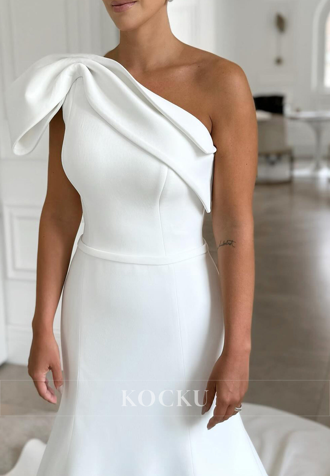 Elegant One - Shoulder Satin Mermaid Wedding Dress with Bow Detail