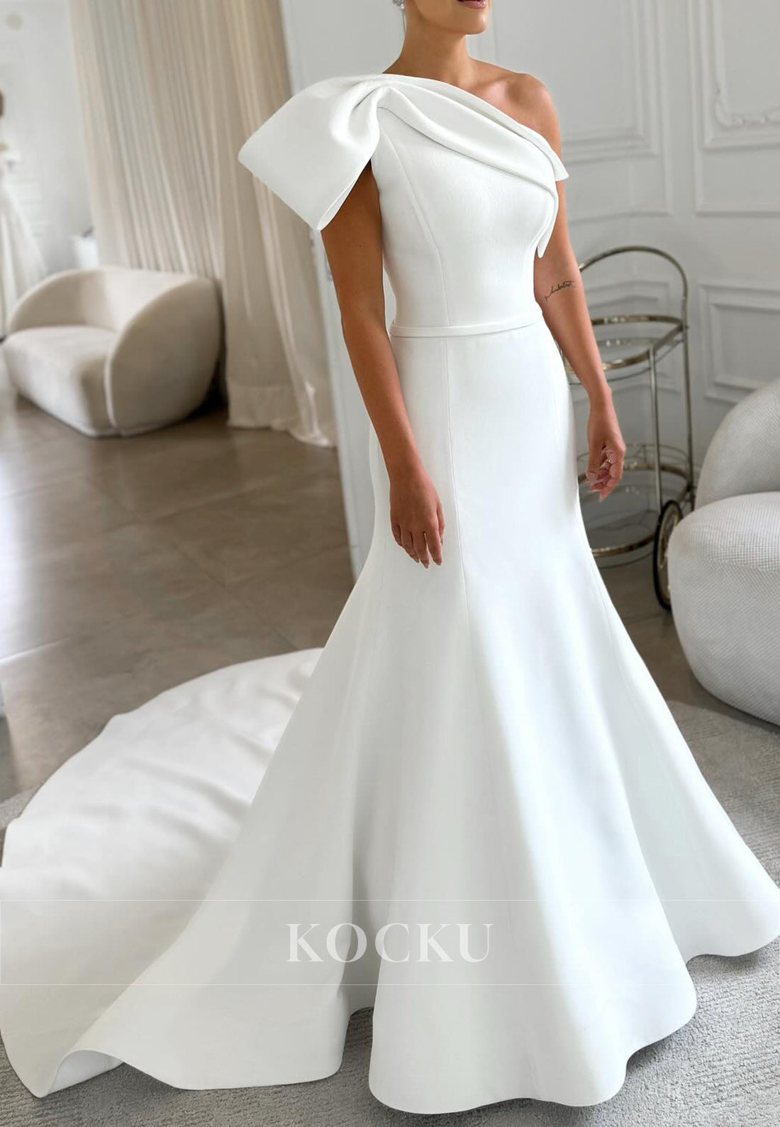 Elegant One - Shoulder Satin Mermaid Wedding Dress with Bow Detail