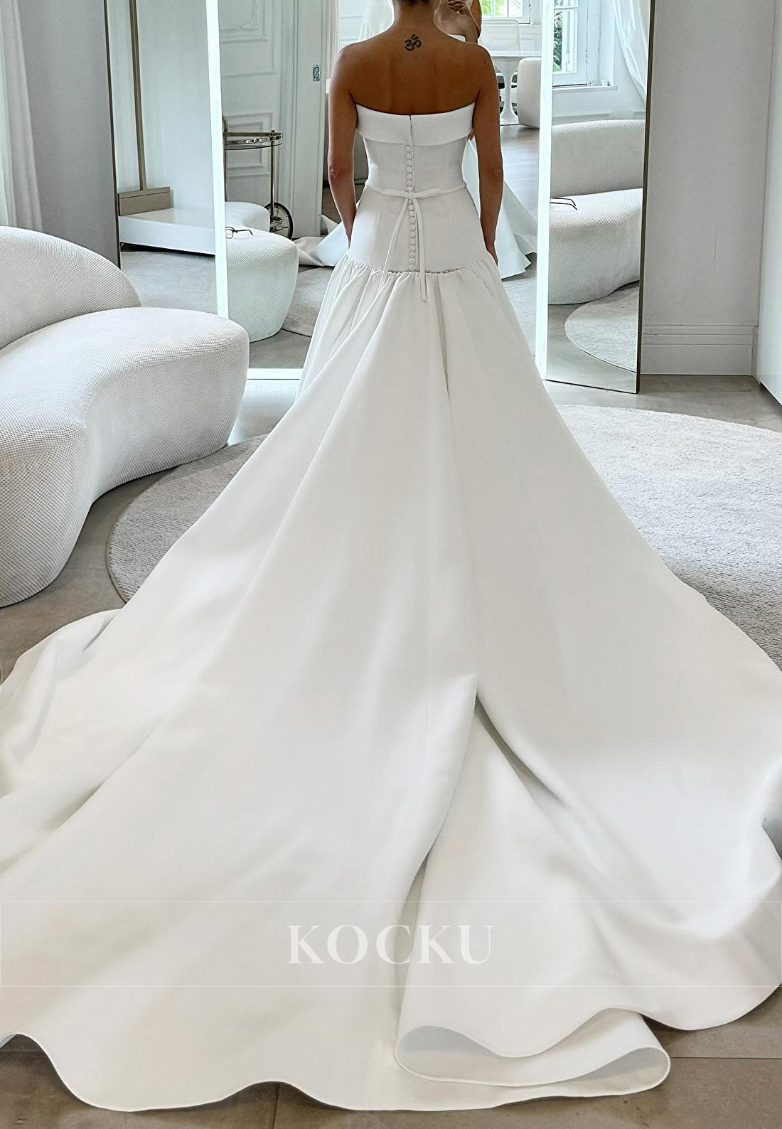 Strapless Satin Ball Gown Wedding Dress with Corset Bodice and Bow Back
