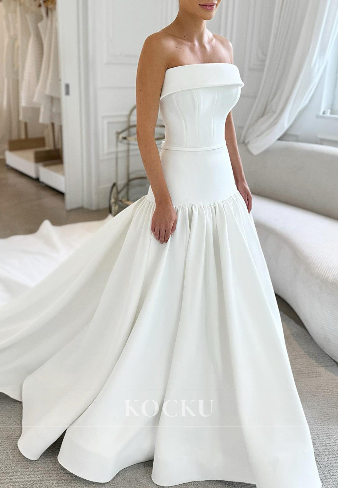Strapless Satin Ball Gown Wedding Dress with Corset Bodice and Bow Back