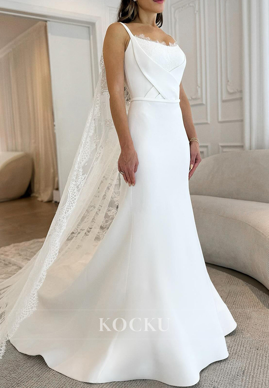 Strappy Deep V - Back Mermaid Wedding Dress with Lace Accents
