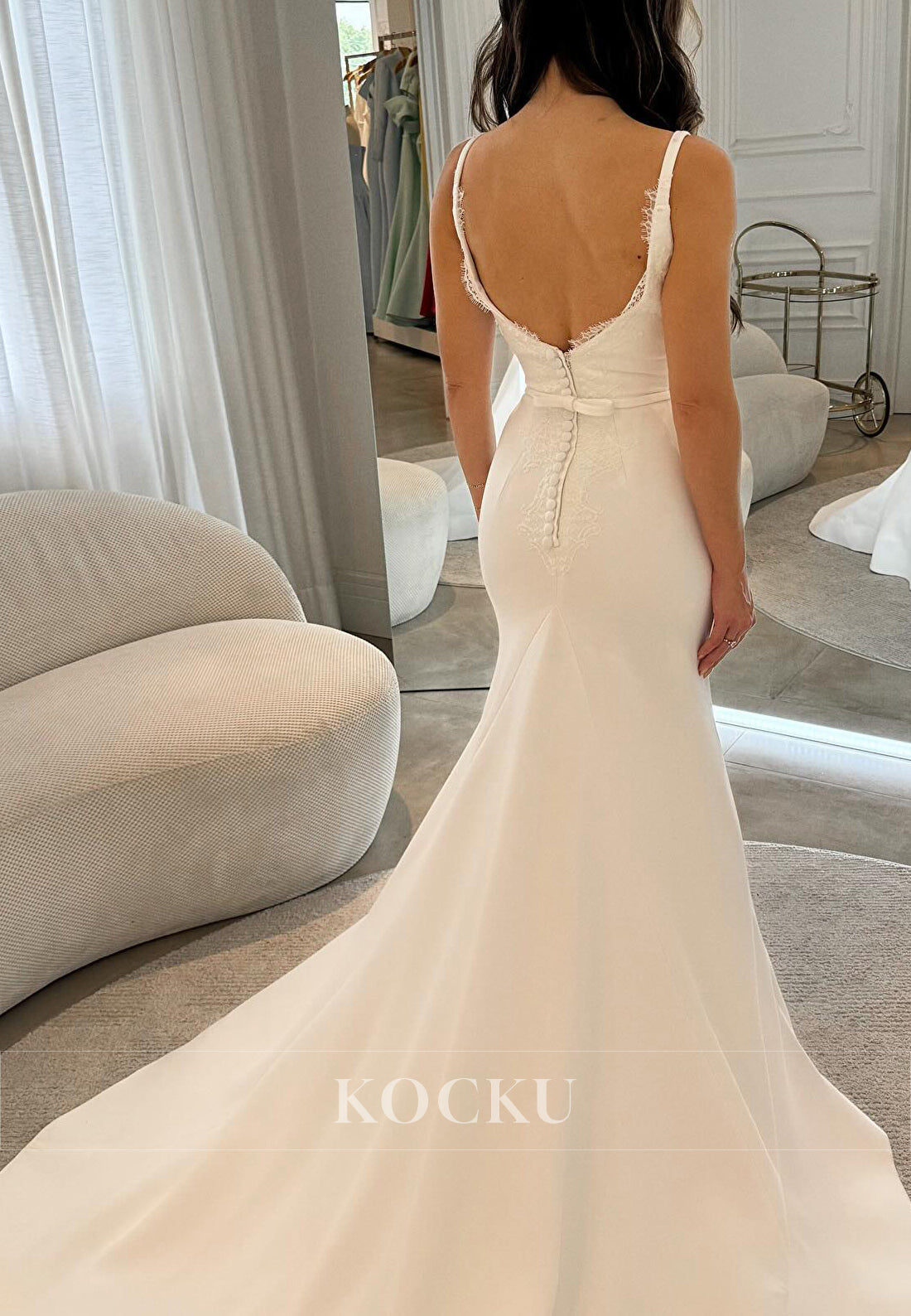 Strappy Deep V - Back Mermaid Wedding Dress with Lace Accents