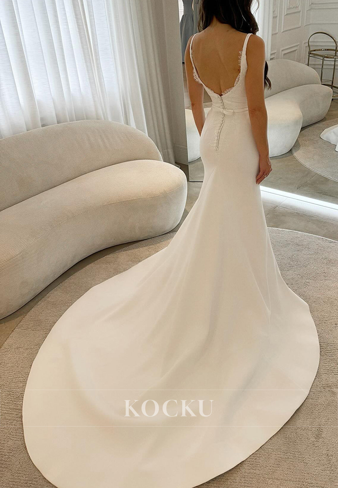 Strappy Deep V - Back Mermaid Wedding Dress with Lace Accents