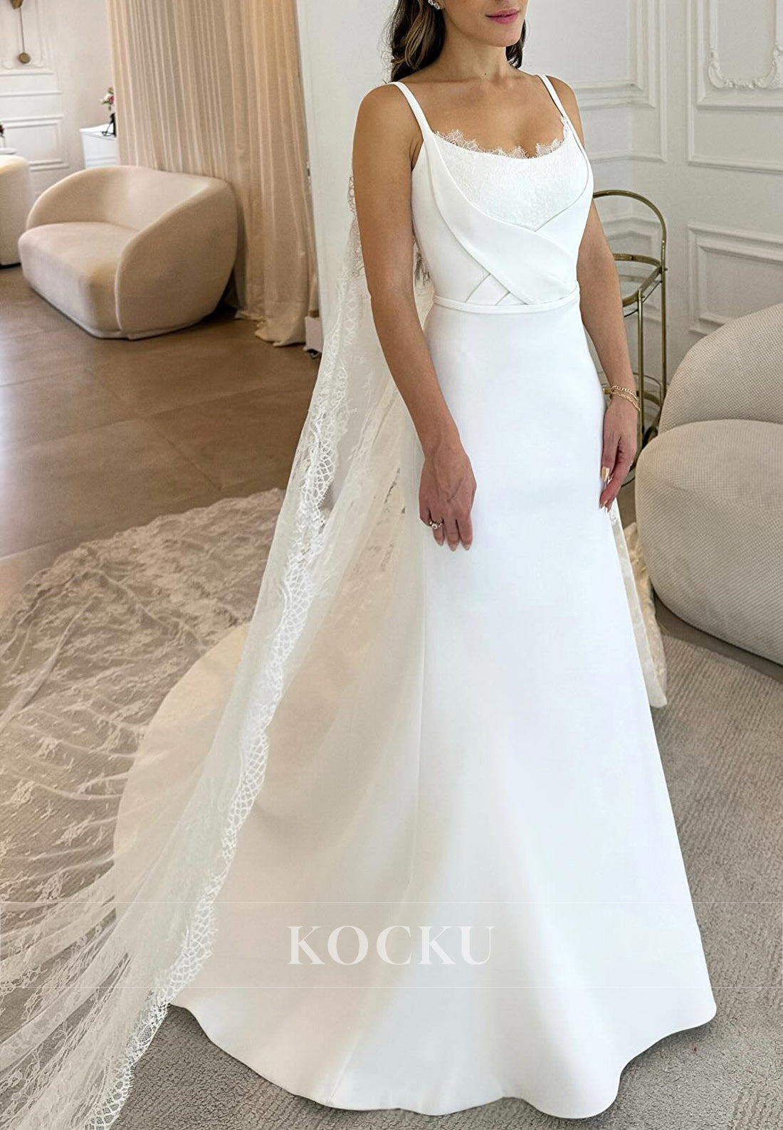 Strappy Deep V - Back Mermaid Wedding Dress with Lace Accents