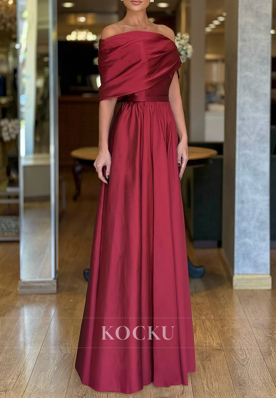 Asymmetrical Burgundy Off-Shoulder A-Line Long Evening Dress