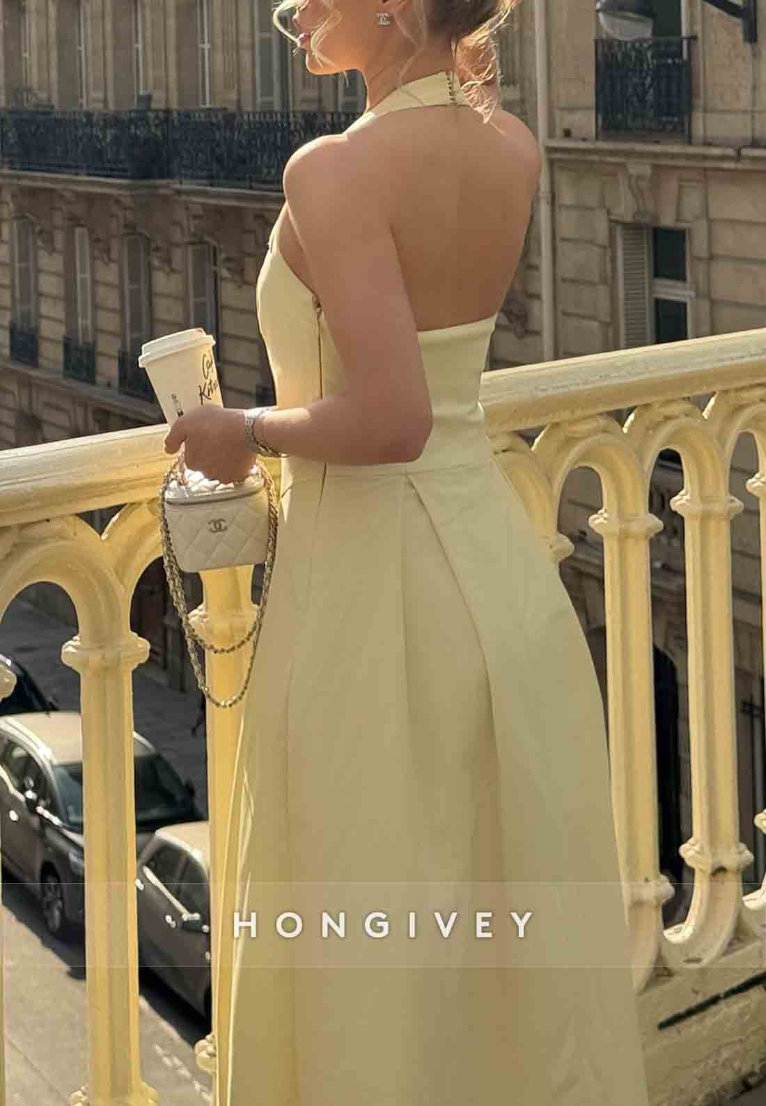 Tea-Length Halter Guest of Wedding Sleeveless Pleated Party Dresses
