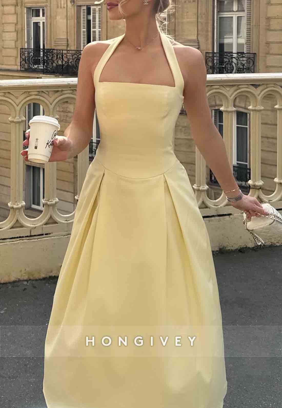 Tea-Length Halter Guest of Wedding Sleeveless Pleated Party Dresses