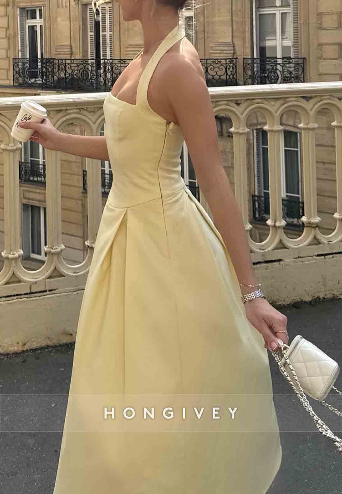 Tea-Length Halter Guest of Wedding Sleeveless Pleated Party Dresses