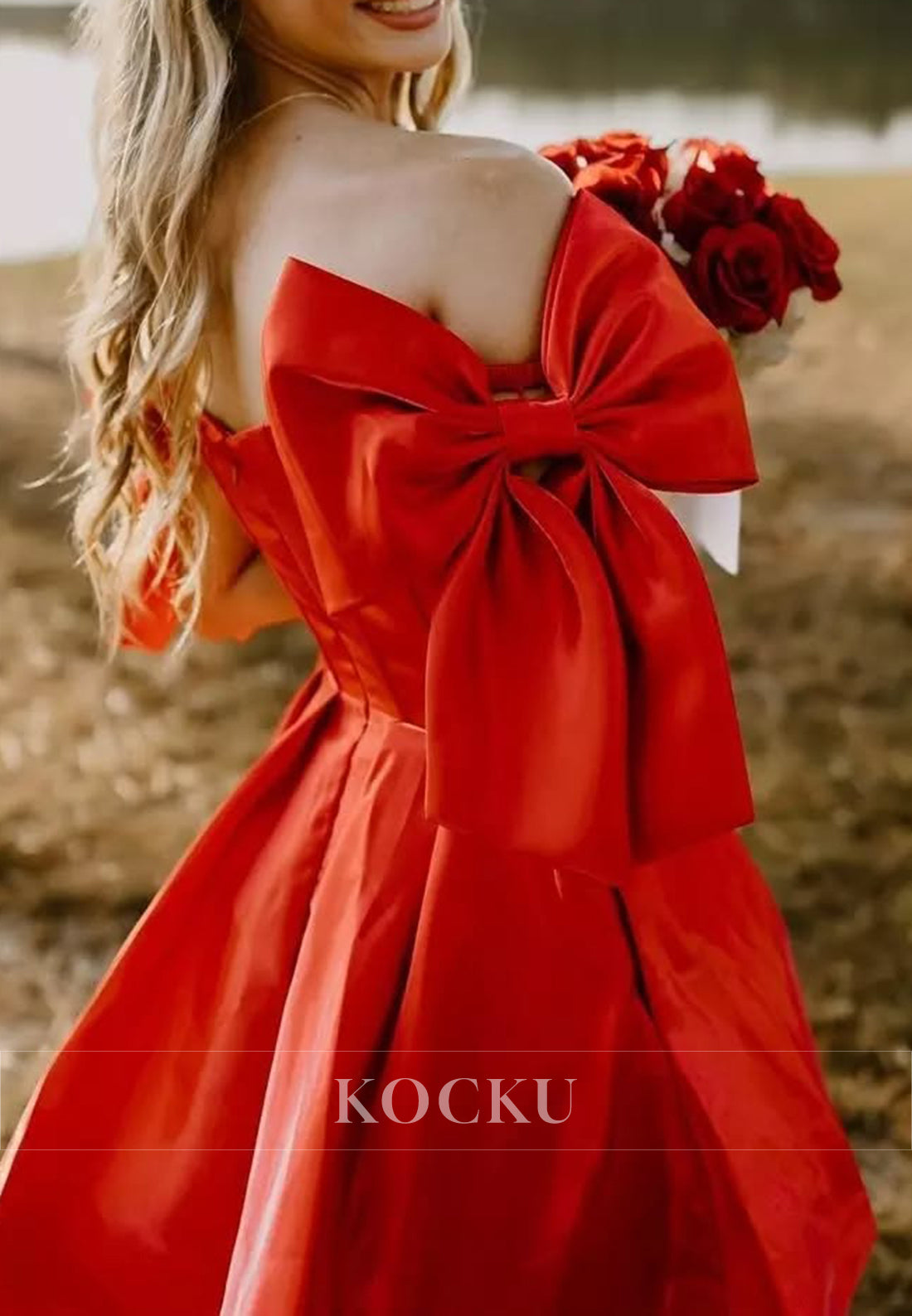 A-Line Off the Shoulder Bowknot Pleated Homecoming Dresses