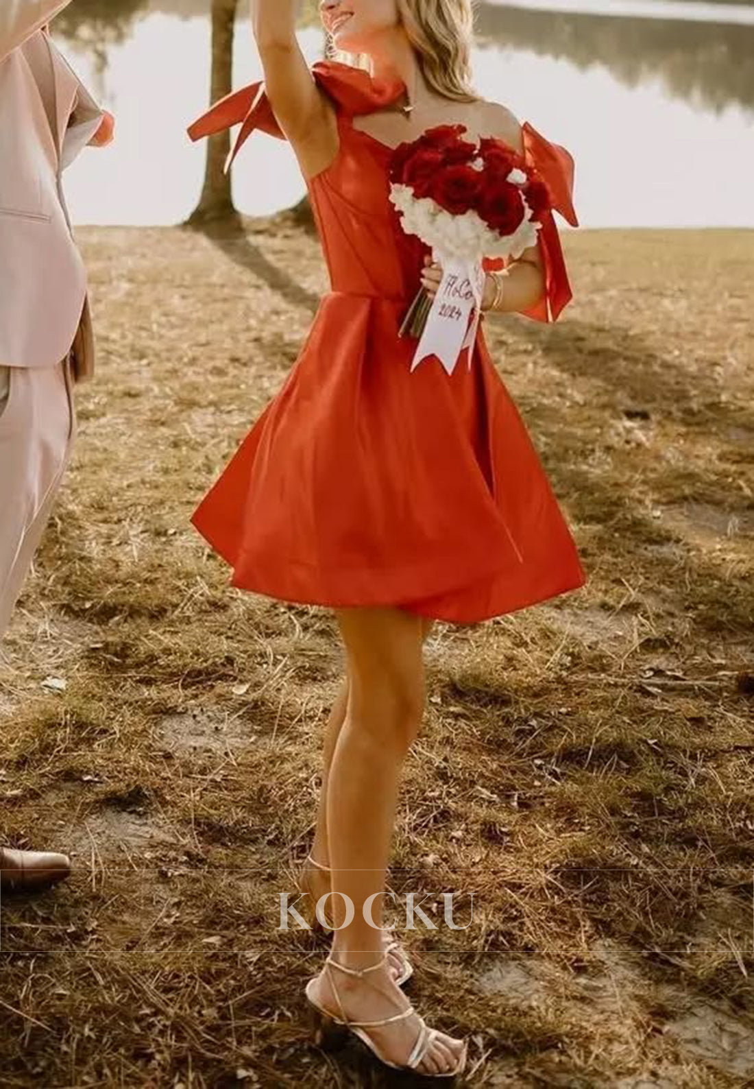 A-Line Off the Shoulder Bowknot Pleated Homecoming Dresses