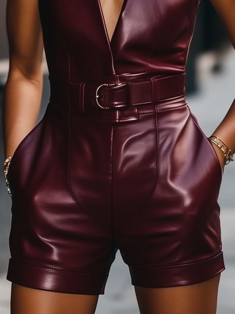 Wine Red Faux Leather Romper With Belt