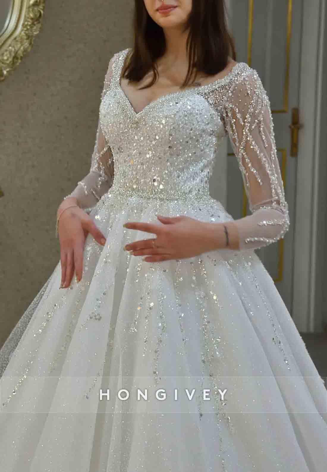 Sparkle Long Sleeves V-Neck Princess Court Train Beading Empire Wedding Dresses