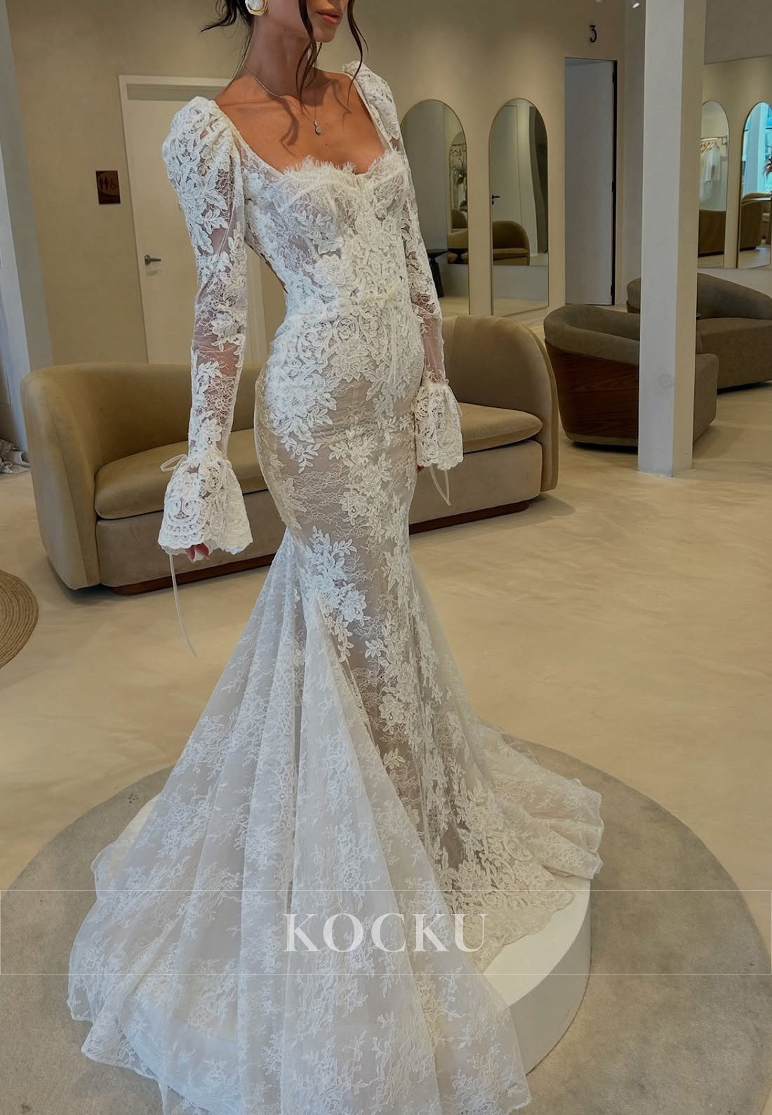 Vintage - Inspired Lace Mermaid Bridal Gown with Puff Sleeves and Square Neck