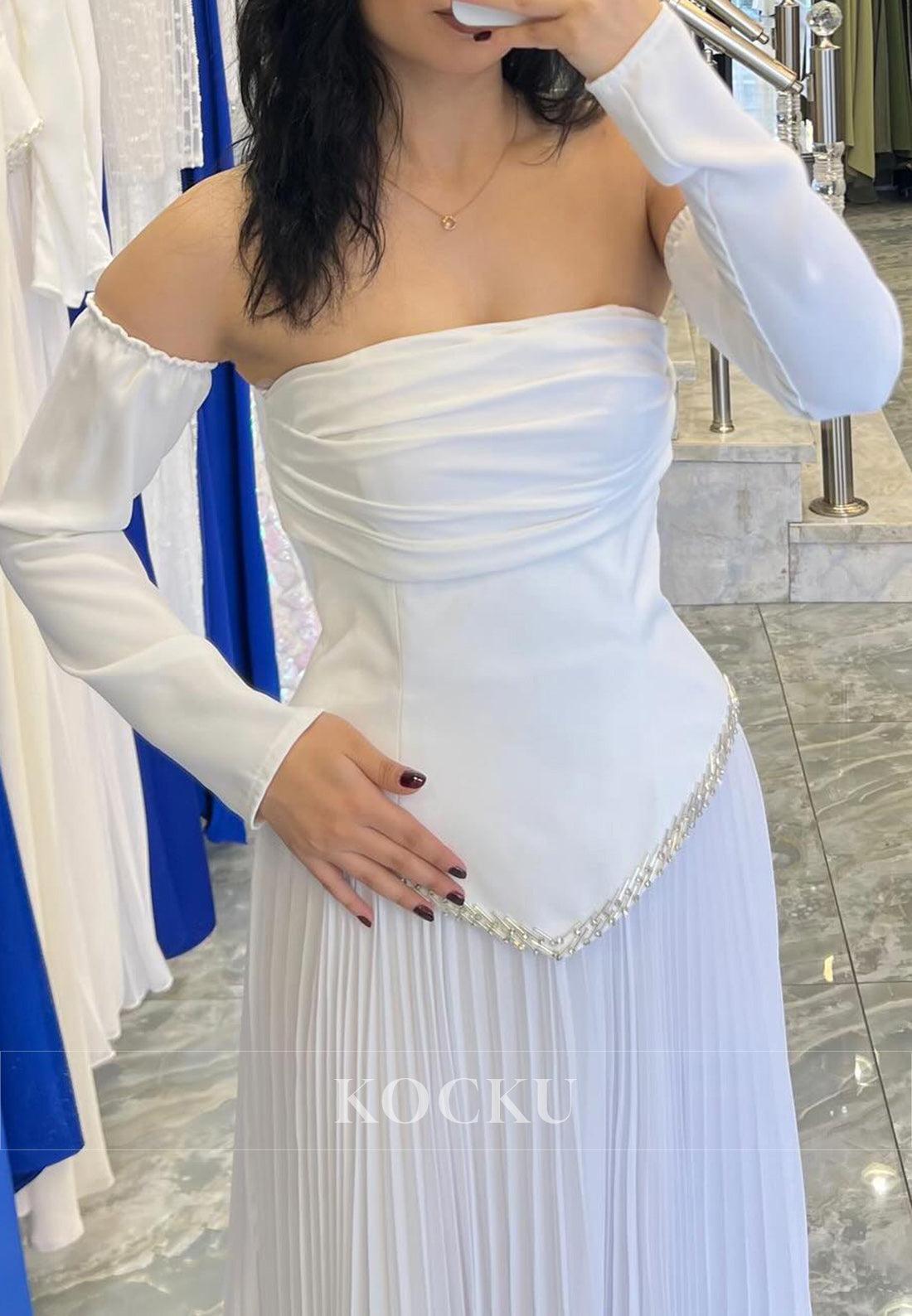 White Strapless Pleated Evening Gown with Detachable Sleeves and Crystal Trim