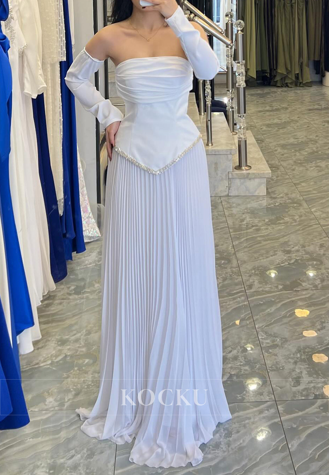 White Strapless Pleated Evening Gown with Detachable Sleeves and Crystal Trim