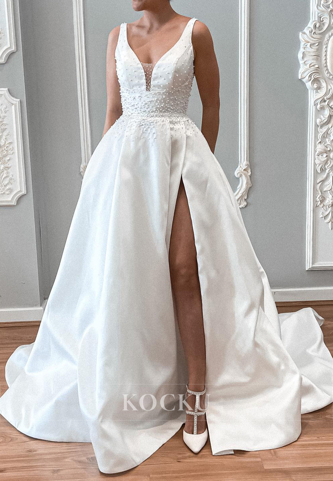 Plunging V - Neck Satin Ball Gown Wedding Dress with Pearl Embellishments & High Slit