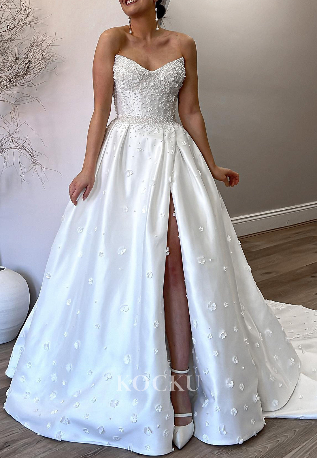 Strapless Satin Ball Gown Wedding Dress with Pearl Embellishments, Floral Appliqués & High Slit