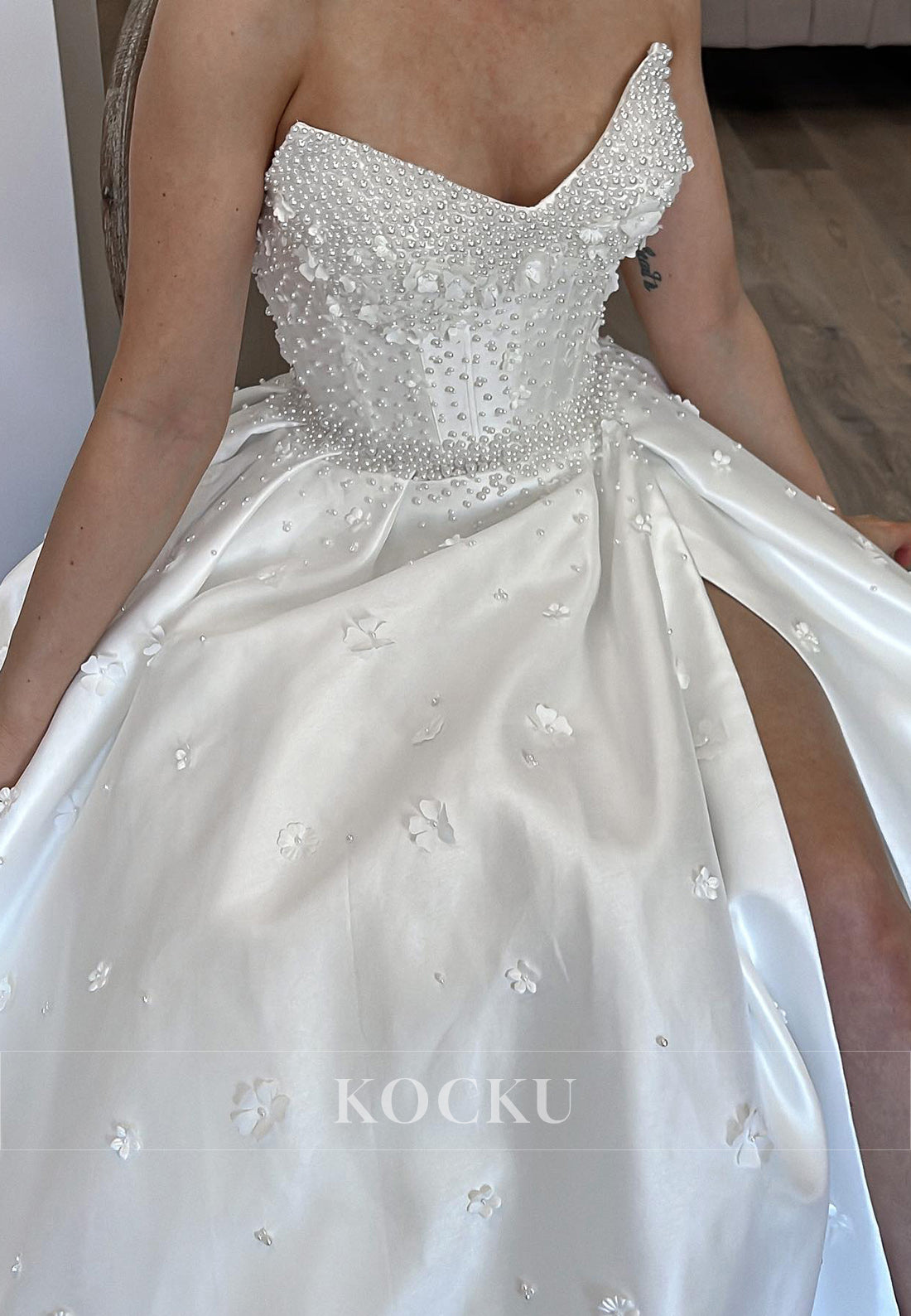 Strapless Satin Ball Gown Wedding Dress with Pearl Embellishments, Floral Appliqués & High Slit