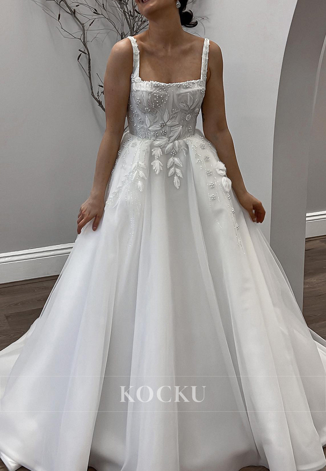 Square Neck Spaghetti - Strap Backless Wedding Dress with Beaded & Floral Appliqués, Tulle Train