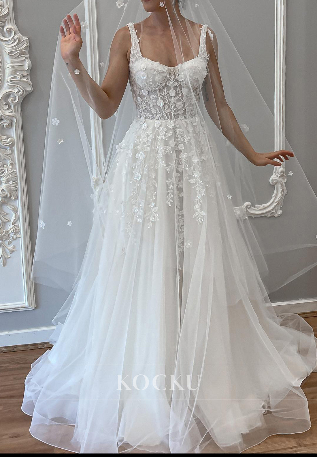 Romantic Spaghetti - Strap Square Neck Wedding Dress with 3D Appliqués & Tulle Skirt