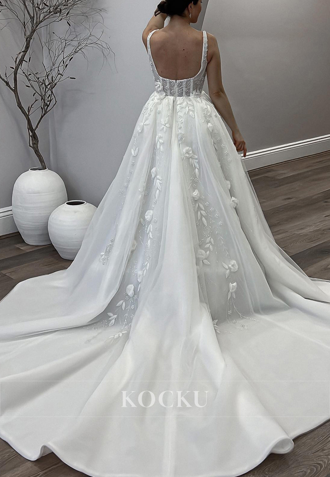 Square Neck Spaghetti - Strap Backless Wedding Dress with Beaded & Floral Appliqués, Tulle Train