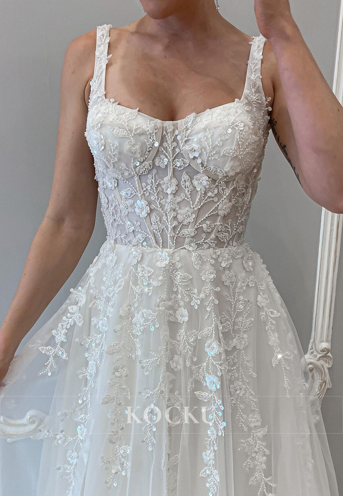Romantic Spaghetti - Strap Square Neck Wedding Dress with 3D Appliqués & Tulle Skirt