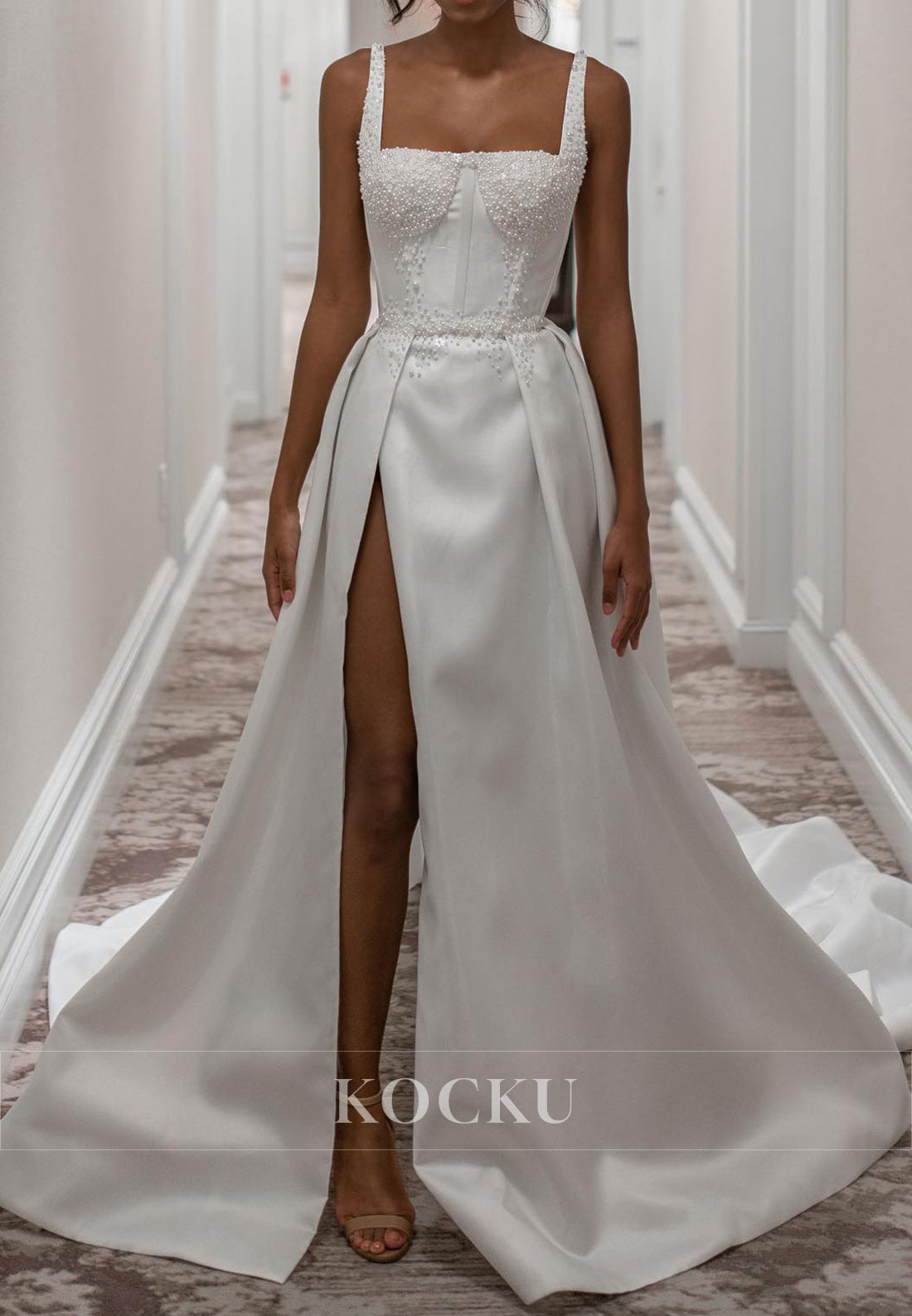 Square Neck Satin Wedding Dress with Pearl - Embellished Bodice, High Slit & Train