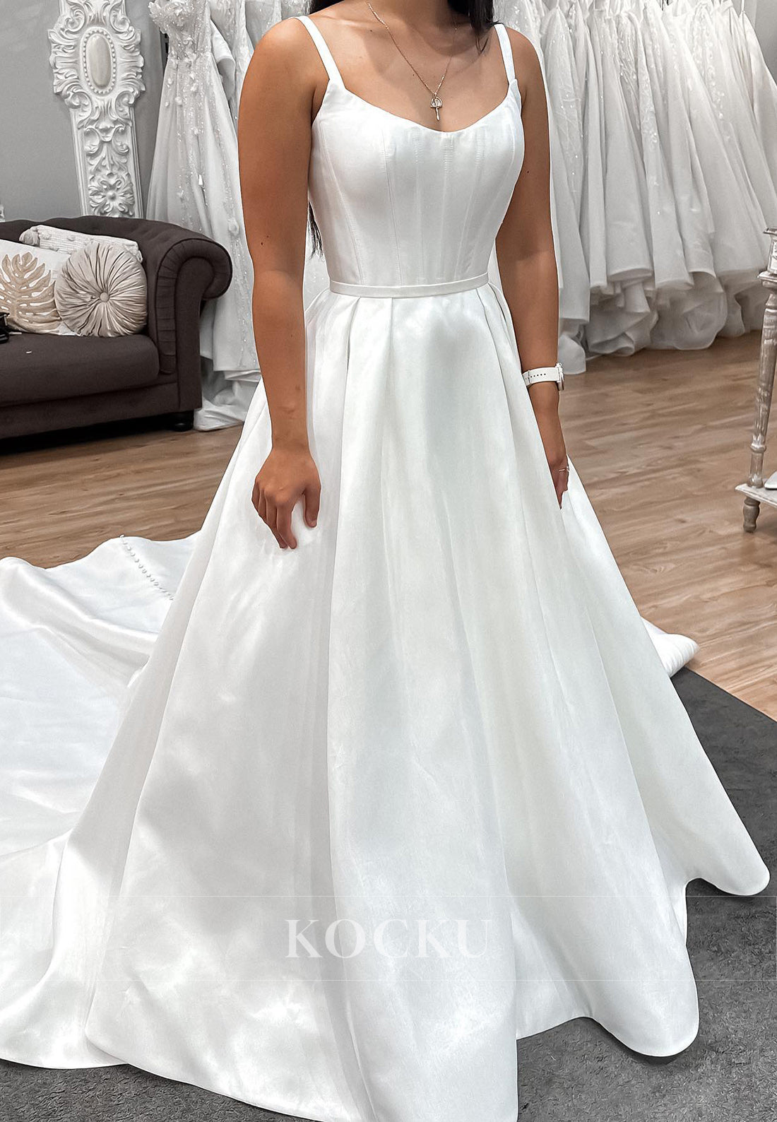 Spaghetti - Strap Satin Ball Gown Wedding Dress with Button - Detailed Train