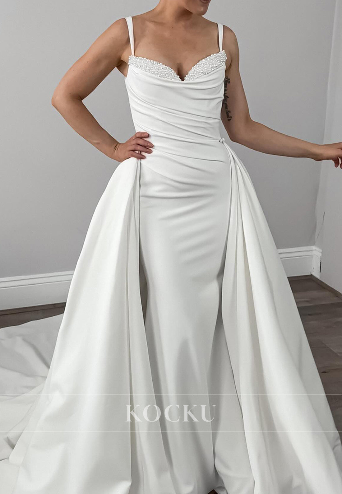 Spaghetti - Strap Satin Wedding Dress with Pearl - Embellished Neckline & Convertible Skirt