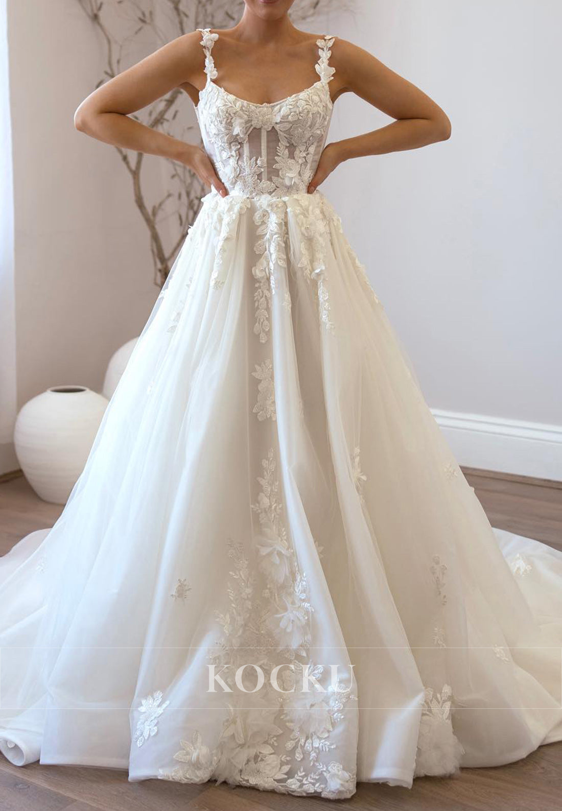 Spaghetti - Strap Backless Tulle Ball Gown Wedding Dress with 3D Floral Appliqués & Train