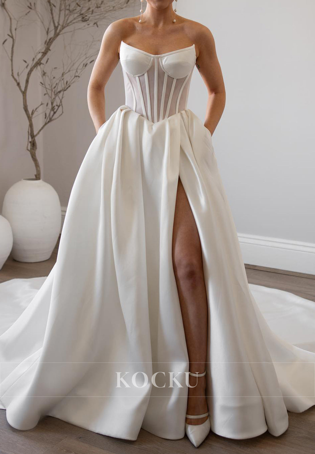 Strapless Satin Ball Gown Wedding Dress with Sheer Bodice, Side Slit & Pockets
