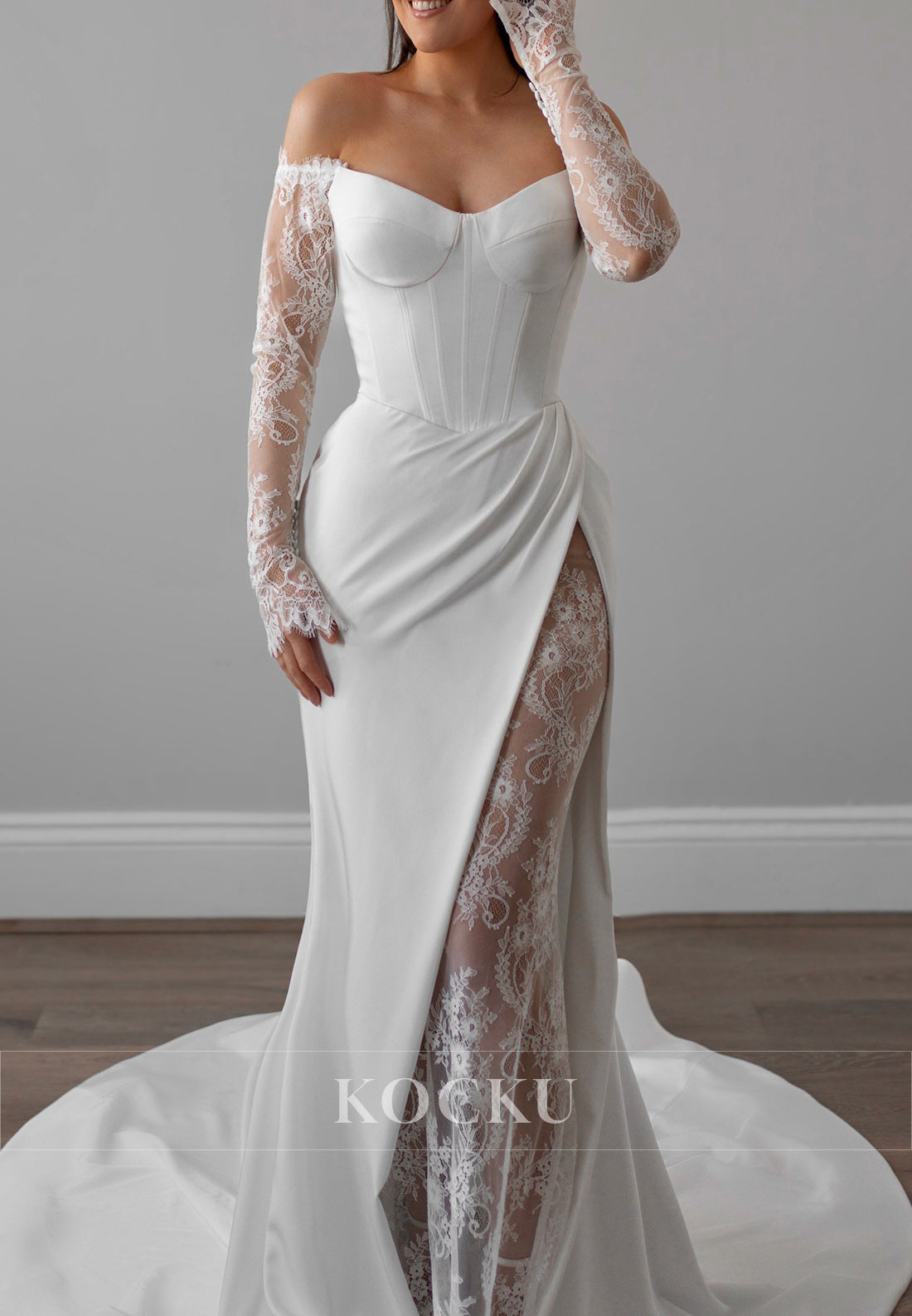 Off - Shoulder Satin Wedding Dress with Lace - Satin Split & Sheer Sleeves