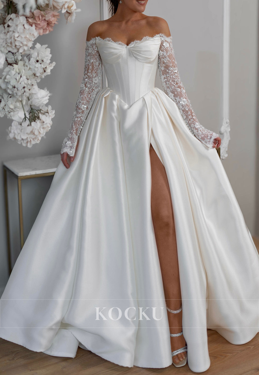 Lace-Trimmed Off - Shoulder Corset Bodice Ballgown Satin Wedding Dress with Sheer Sleeves & High Slit