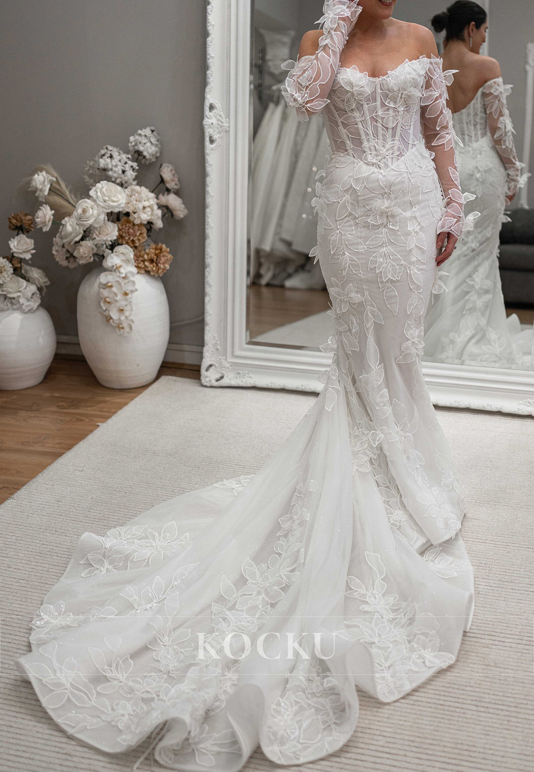 Off - Shoulder Mermaid Tulle Wedding Dress with 3D Floral Appliqués & Sheer Sleeves