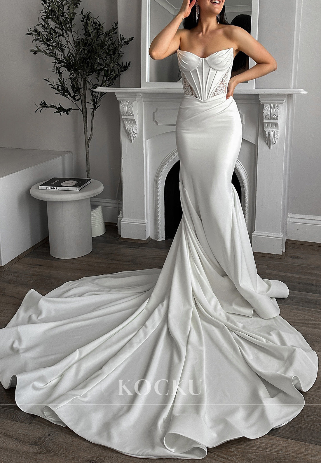 Elegant Strapless Satin Mermaid Wedding Dress with Sheer Corset Detail & Train