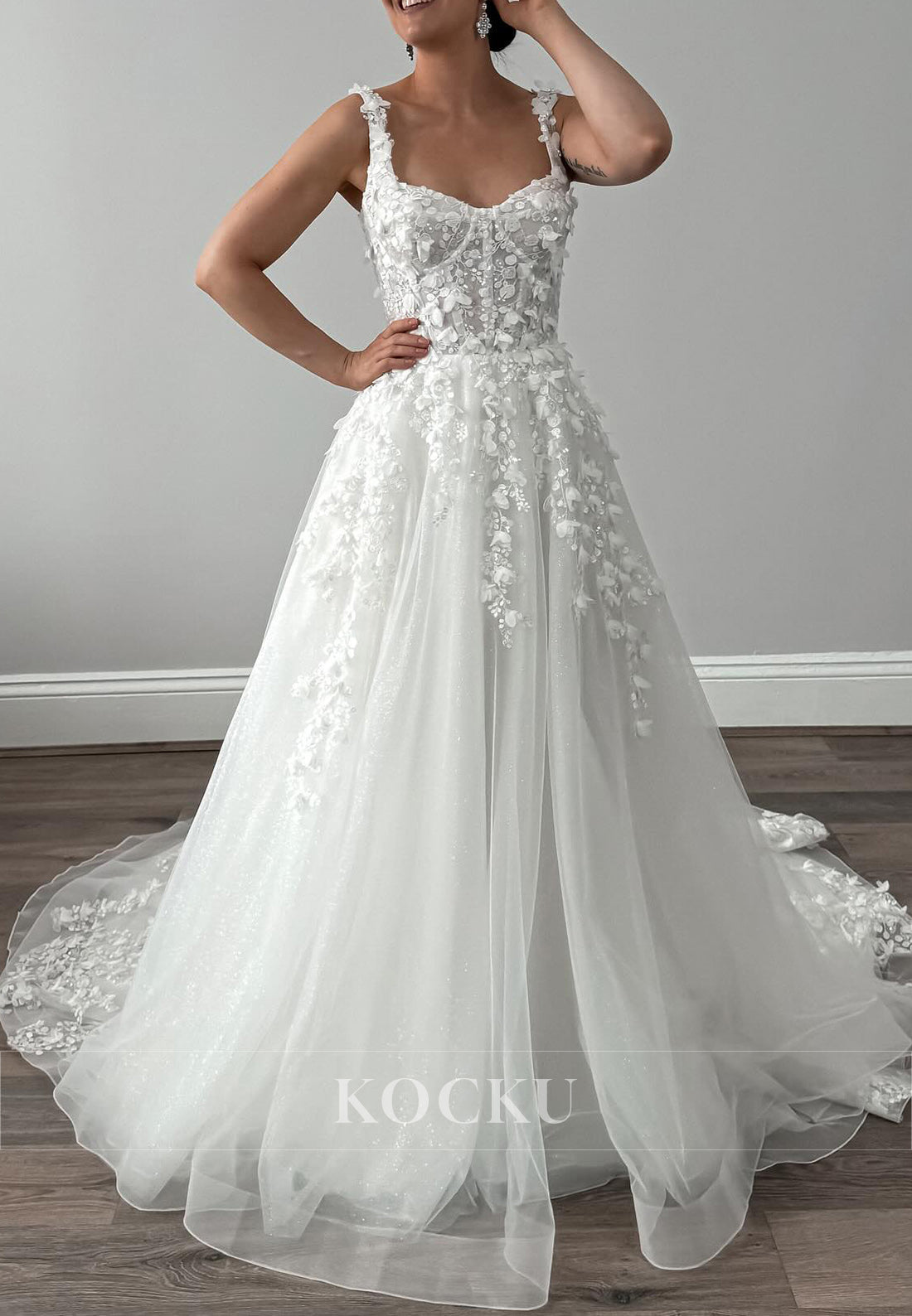 Sweetheart Backless Tulle Ball Gown Wedding Dress with 3D Floral Appliqués & Train