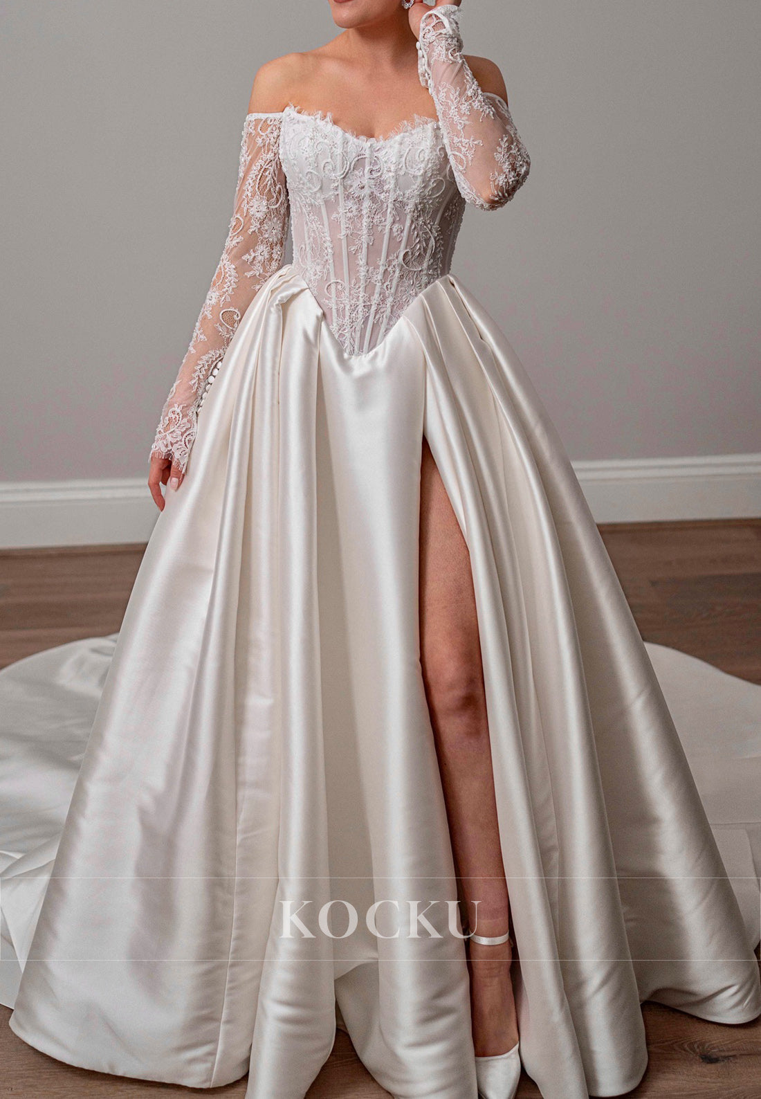 Off - Shoulder Ballgown Satin Wedding Dress with Lace Corset Bodice & High Slit