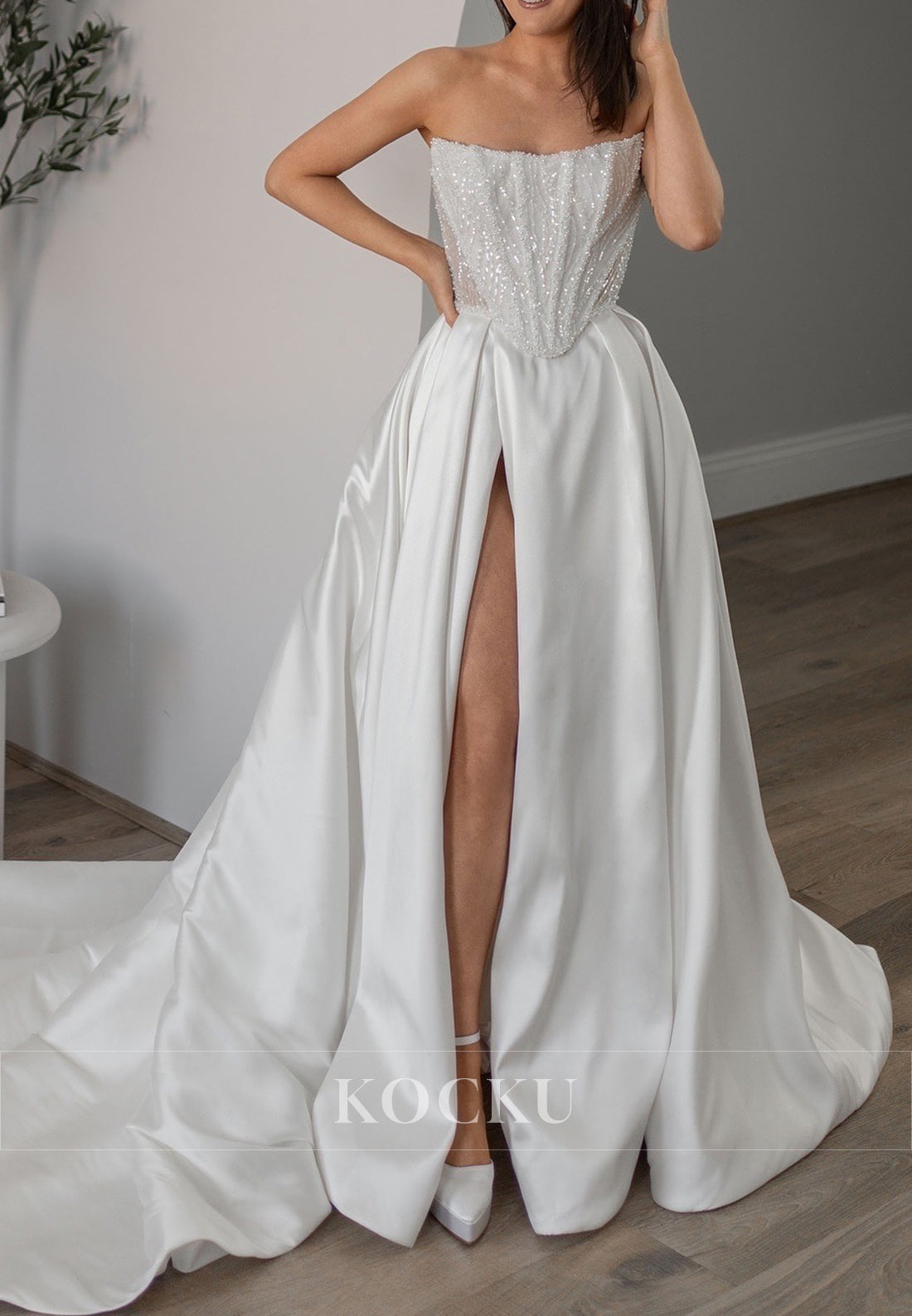 Strapless Beaded Bodice Ballgown Wedding Dress with Satin Skirt & High Slit