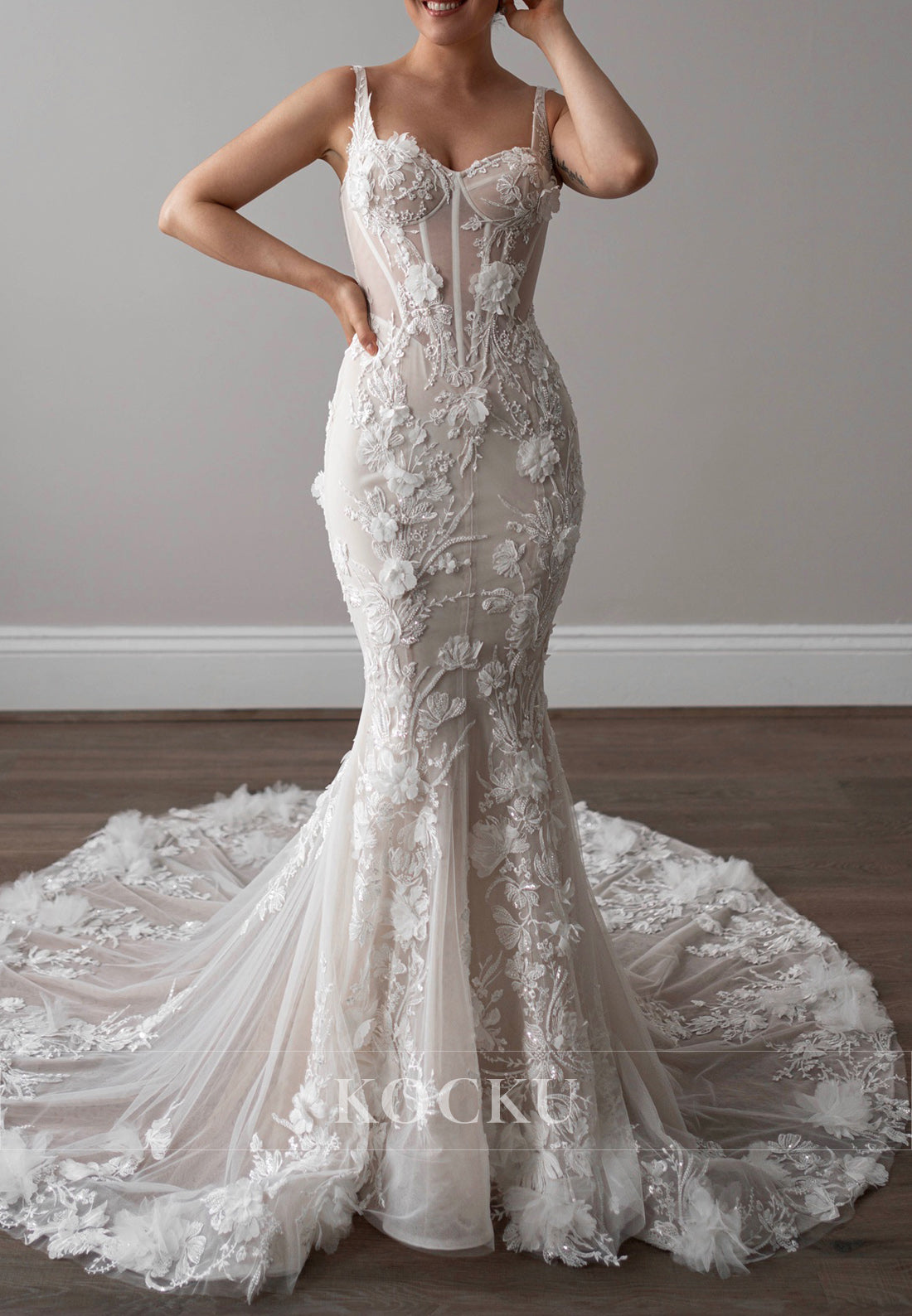 Romantic Sweetheart Tulle Mermaid Wedding Dress with 3D Floral Appliqués & Train