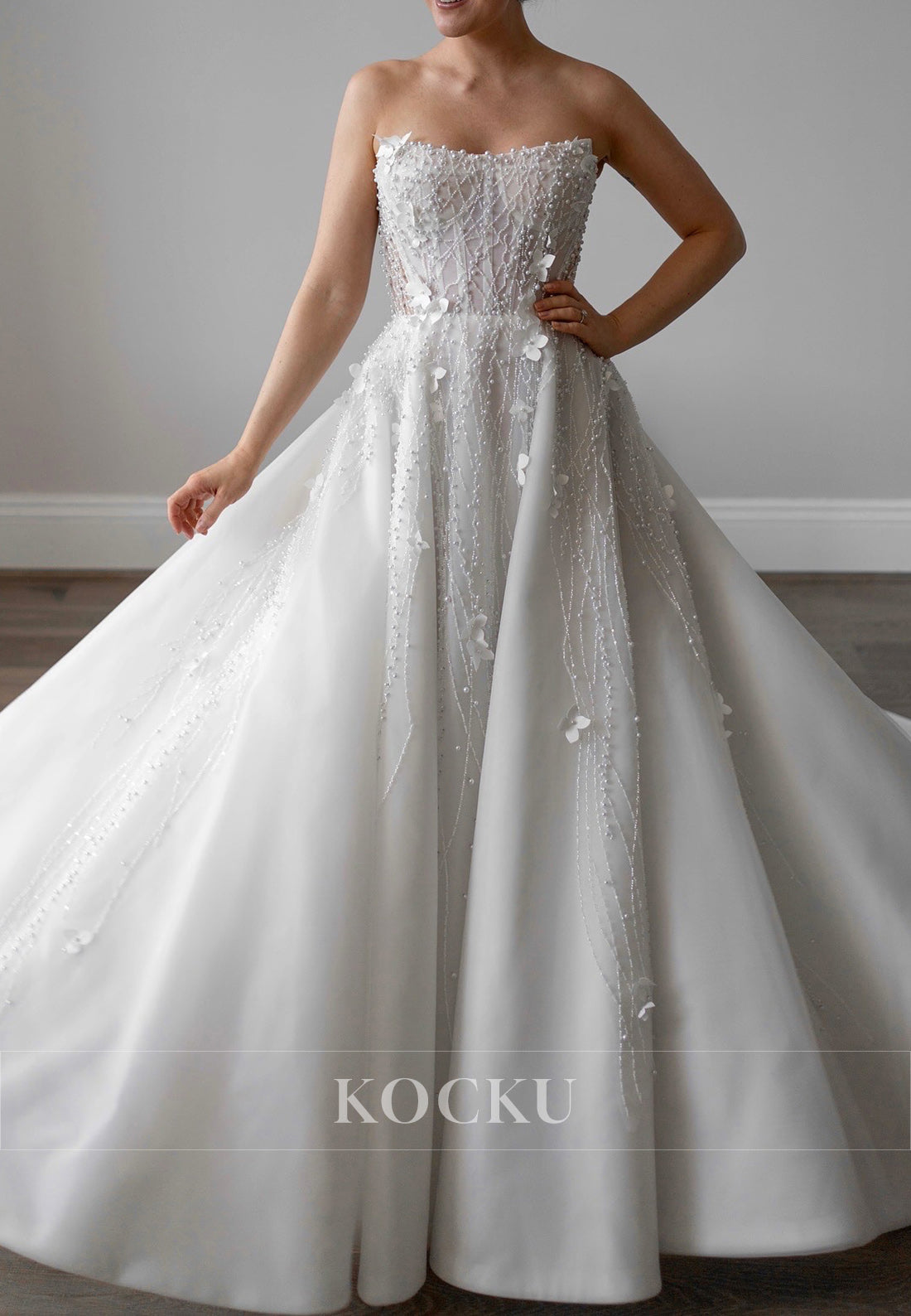 Strapless Ball Gown Wedding Dress with Beaded Embroidery & 3D Florals
