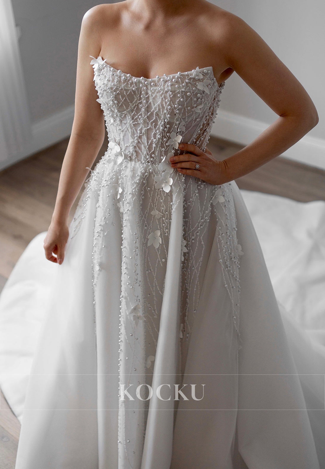 Strapless Ball Gown Wedding Dress with Beaded Embroidery & 3D Florals
